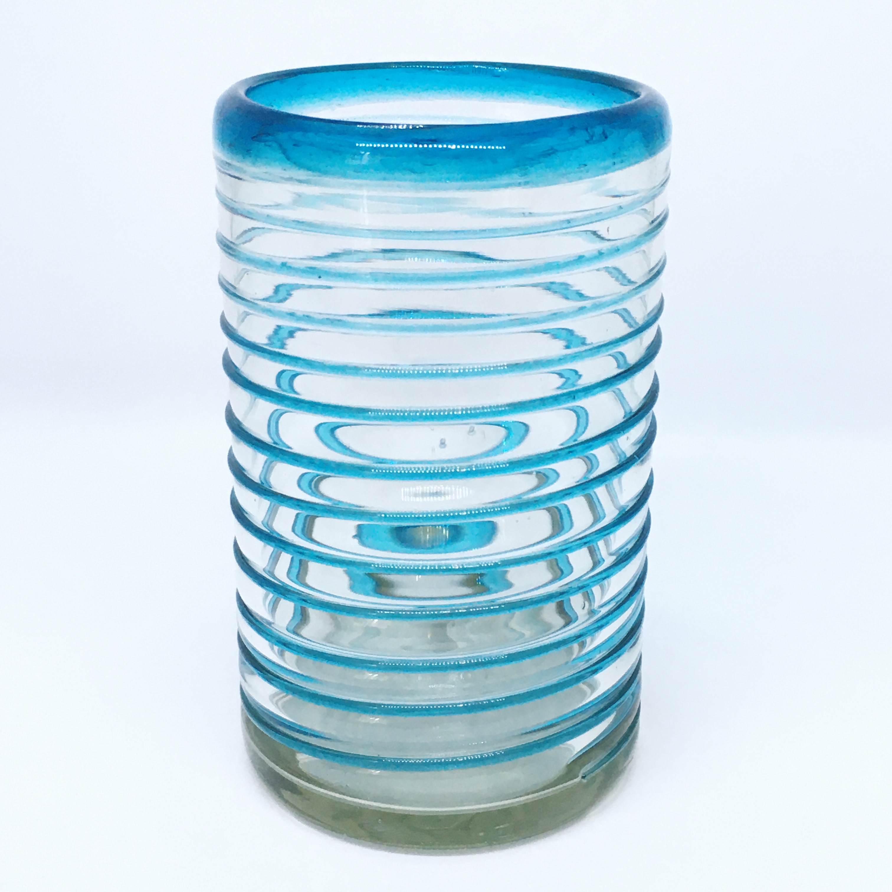 VIDRIO SOPLADO / vasos grandes con espiral azul aqua, 14 oz, Vidrio Reciclado, Libre de Plomo y Toxinas